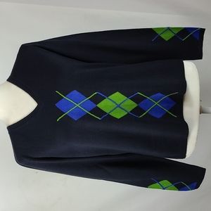 Evan Picone Black V-Neck Sweater with Blue and Green Argyle